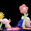 3D Scene With Pink Flowers Yellow Flower Pink Rabbit Dolls Blue Sphere And Colorful Ground