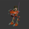 Game Movie Character Kid With Goggles Helmet Riding Orange Mechanical Robot With Pirate Logo Weapon
