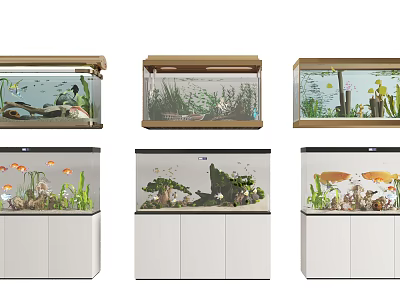Multiple Modern Aquarium Tanks With Colorful Fish Green Plants And White Cabinets 3d model