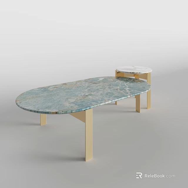 Oval Blue Green Marble Coffee Table With Light Colored Legs And Matching Round Side Table 3d model 