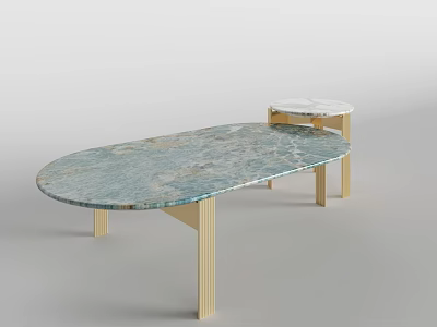 Oval Blue Green Marble Coffee Table With Light Colored Legs And Matching Round Side Table 3d model