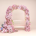Charming Photo Check in Spot With Pink Purple Flower Arch And White Bench