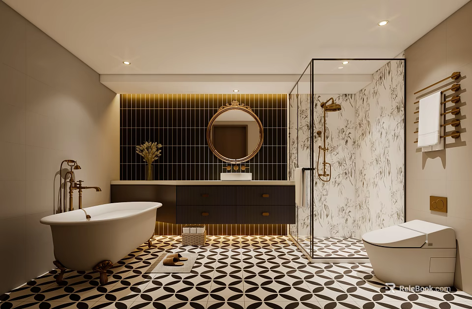 Modern Bathroom Interior Design With Bathtub Vanity Mirror And Geometric Floor Tiles 3d model 