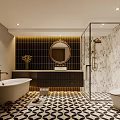 Modern Bathroom Interior Design With Bathtub Vanity Mirror And Geometric Floor Tiles