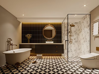 Modern Bathroom Interior Design With Bathtub Vanity Mirror And Geometric Floor Tiles 3d model