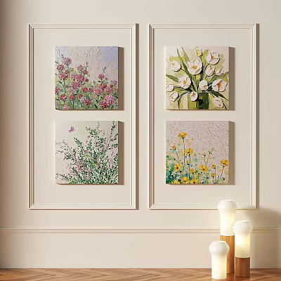 Four Flower Oil Paintings With Pink White Green Yellow Botanical Wall Art 3d model