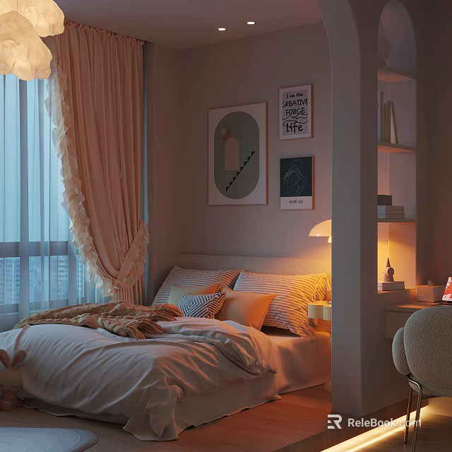 Cozy Hotel Guest Room With Pink Curtains Throw Pillows Wall Art And Table Lamp 3d model 