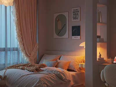 Cozy Hotel Guest Room With Pink Curtains Throw Pillows Wall Art And Table Lamp 3d model
