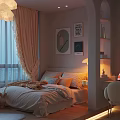 Cozy Hotel Guest Room With Pink Curtains Throw Pillows Wall Art And Table Lamp