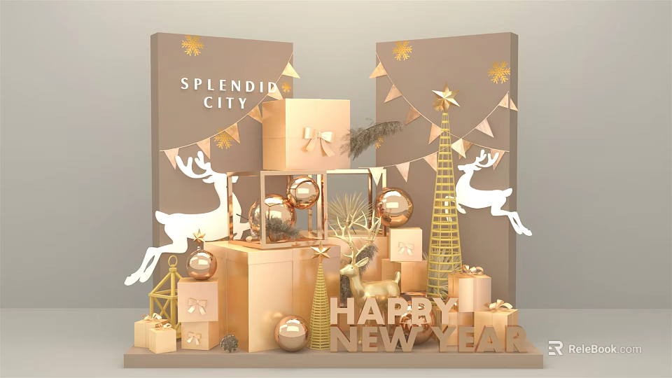 Happy New Year Decorative Display Featuring Golden Reindeer Christmas Tree Gift Boxes Balls And Flags 3d model 
