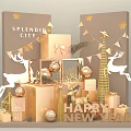 Happy New Year Decorative Display Featuring Golden Reindeer Christmas Tree Gift Boxes Balls And Flags