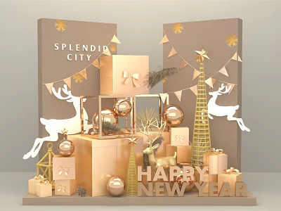 Happy New Year Decorative Display Featuring Golden Reindeer Christmas Tree Gift Boxes Balls And Flags 3d model