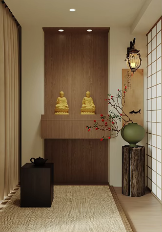 New Chinese-style Chinese-style Buddha Hall Buddha Statues Golden Buddha Solid Wood Buddha Shrine Buddha Statues Buddha Krakan Cabinet Buddha Hall Worship Table Chanting Buddha Hall Wall Lamp 3d model