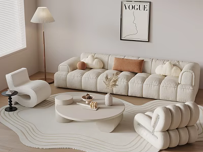 Modern White Sofa and Coffee Table Set with Plush Pillows Round Table and Light Carpet 3d model