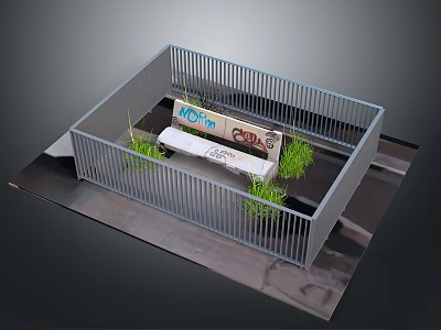 Outdoor Seating Area With Metal Fence Bench Green Plants And Coffee Sign 3d model