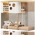 Cozy Bunk Bed In Kids Bedroom With Wooden Ladder Soft Pillows And Wall Round Cutouts