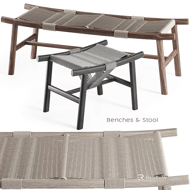 Modern Wooden Stool With Woven Seat Sturdy Frame And Matching Benches Design 3d model 