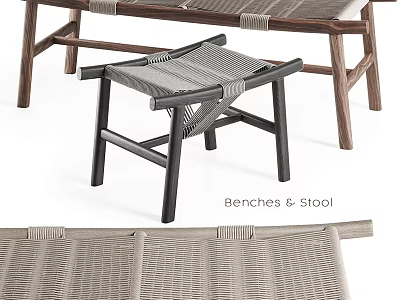 Modern Wooden Stool With Woven Seat Sturdy Frame And Matching Benches Design 3d model