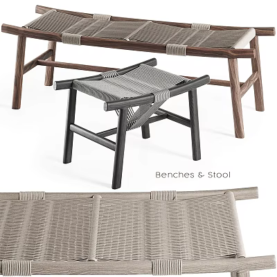 Modern Wooden Stool With Woven Seat Sturdy Frame And Matching Benches Design 3d model