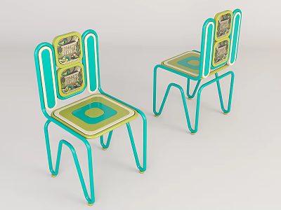 Modern Leisure Chairs With Turquoise Frame Green Seat And Patterned Backrest 3d model