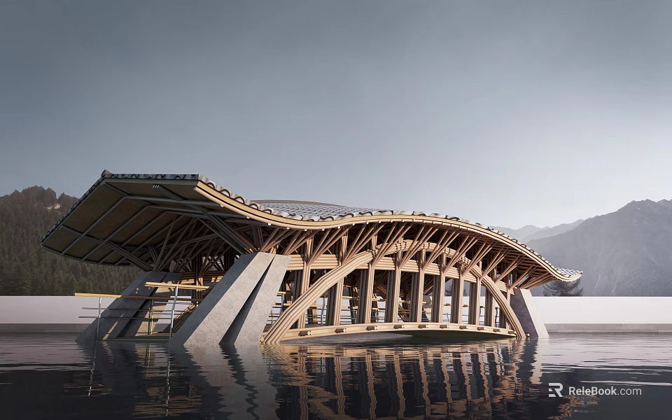 Modern Wooden Landscape Bridge Over Water With Curved Roof And Mountain Reflections 3d model 