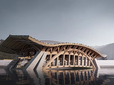 Modern Wooden Landscape Bridge Over Water With Curved Roof And Mountain Reflections 3d model