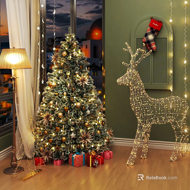 Decorated Christmas Tree With Ornaments Fairy Lights And Gift Boxes In Living Room 3d model 