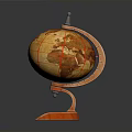 Vintage Orange Globe With Wooden Curved Stand And Red Meridians Parallels
