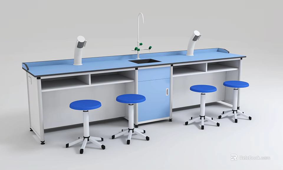 Modern Laboratory Bench Setup With Blue Countertop Faucet And Adjustable Stools 3d model