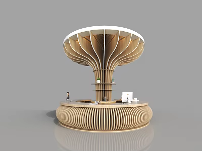 Modern Wooden Reception Desk with Petal Shaped Top Circular Counter and Office Plants 3d model