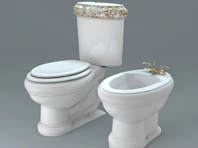 White Toilet with Decorative Tank Top and Bidet Featuring Gold Faucet 3d model