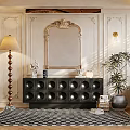 Elegant Entryway Cabinet With Decorative Mirror Floor Lamp Potted Plant And Patterned Rug