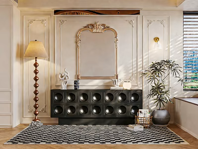 Elegant Entryway Cabinet With Decorative Mirror Floor Lamp Potted Plant And Patterned Rug 3d model