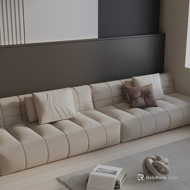 Beige Three Seater Sofa With Quilted Design And Decorative Cushions Against Dark Backdrop 3d model 