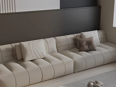 Beige Three Seater Sofa With Quilted Design And Decorative Cushions Against Dark Backdrop 3d model