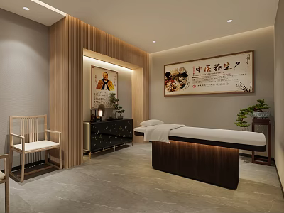Traditional Chinese Medicine Wellness SPA Sauna Interior With Massage Bed Wooden Decor And Green Plants 3d model
