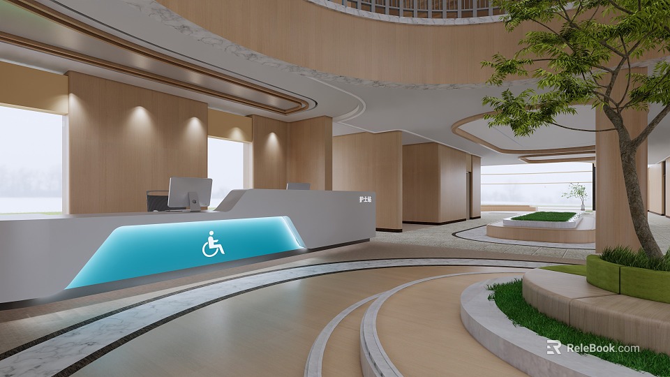 Modern Hospital Lobby With Wheelchair Accessible Reception Desk Green Plants And Wooden Walls 3d model 