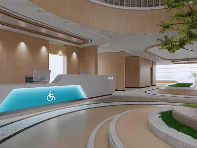 Modern Hospital Lobby With Wheelchair Accessible Reception Desk Green Plants And Wooden Walls 3d model