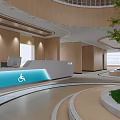 Modern Hospital Lobby With Wheelchair Accessible Reception Desk Green Plants And Wooden Walls