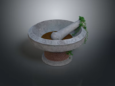 Traditional Stone Mortar and Pestle with Carved Rim and Trailing Green Plants for Home Living 3d model