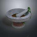 Traditional Stone Mortar and Pestle with Carved Rim and Trailing Green Plants for Home Living