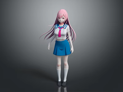 Anime School Girl Character With Pink Hair White Shirt And Blue Skirt 3d model