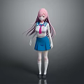 Anime School Girl Character With Pink Hair White Shirt And Blue Skirt