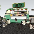 Green Mobile Utility Vehicle With Neon Sign Supermarket Outdoor Tables Chairs And Balloons
