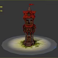 Cartoon Scene of Multi Level Tower with Red Roof Wooden Structure Steps and Green Grass