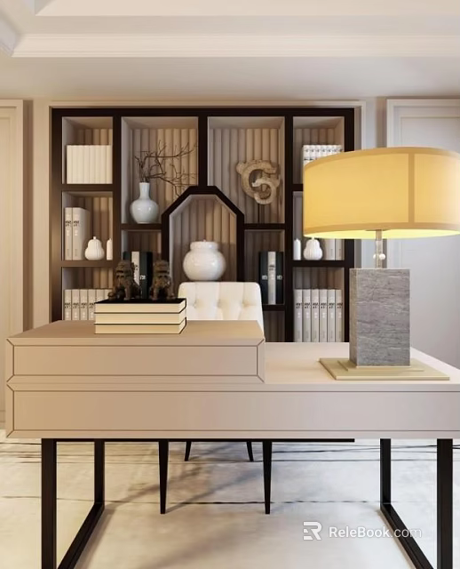 Elegant Modern Desk With Table Lamp Stacked Books And Decorative Bookshelf 3d model 