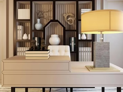 Elegant Modern Desk With Table Lamp Stacked Books And Decorative Bookshelf 3d model