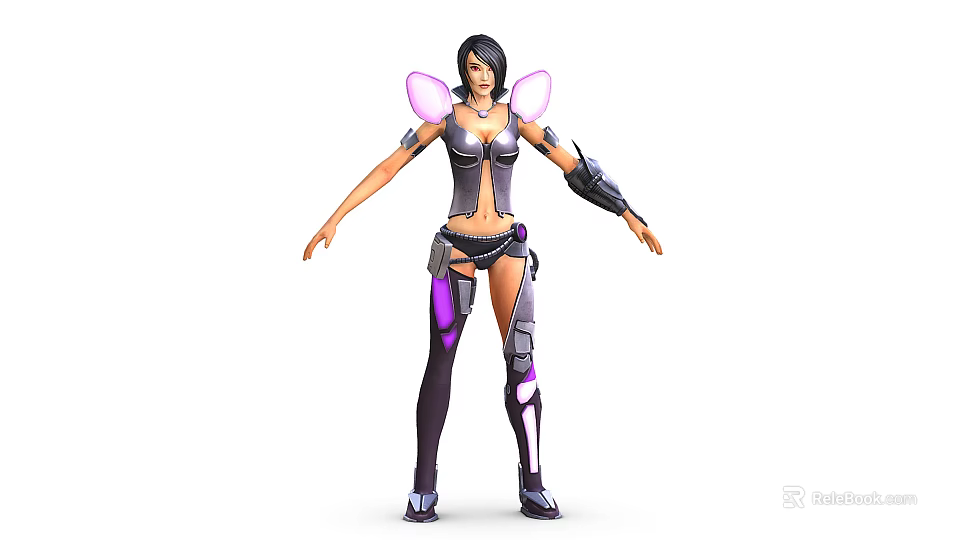 Futuristic Female Sci-Fi Character With Pink Wings Purple Black Mechanical Armor Combat Outfit 3d model 