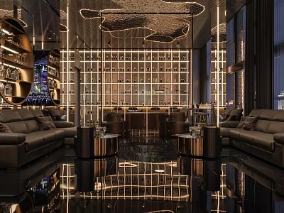 Modern Luxurious Bar Interior With Leather Sofas Bar Counter And Reflective Floor 3d model