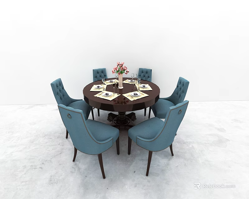 Round Dining Table Set with Six Blue Chairs and Vase with Red Flowers 3d model